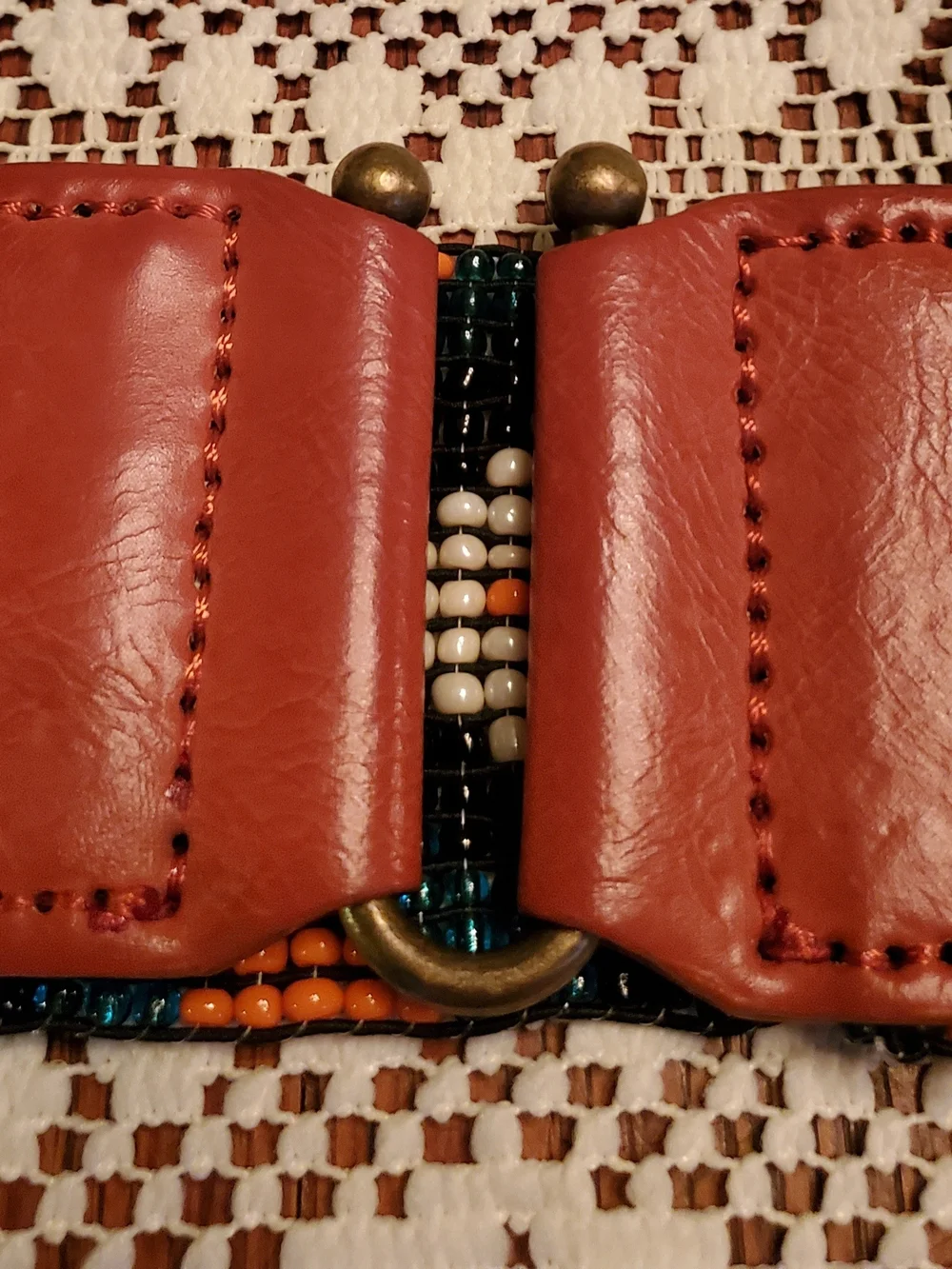 Beaded Stretch Waist Belt with Brown Leather